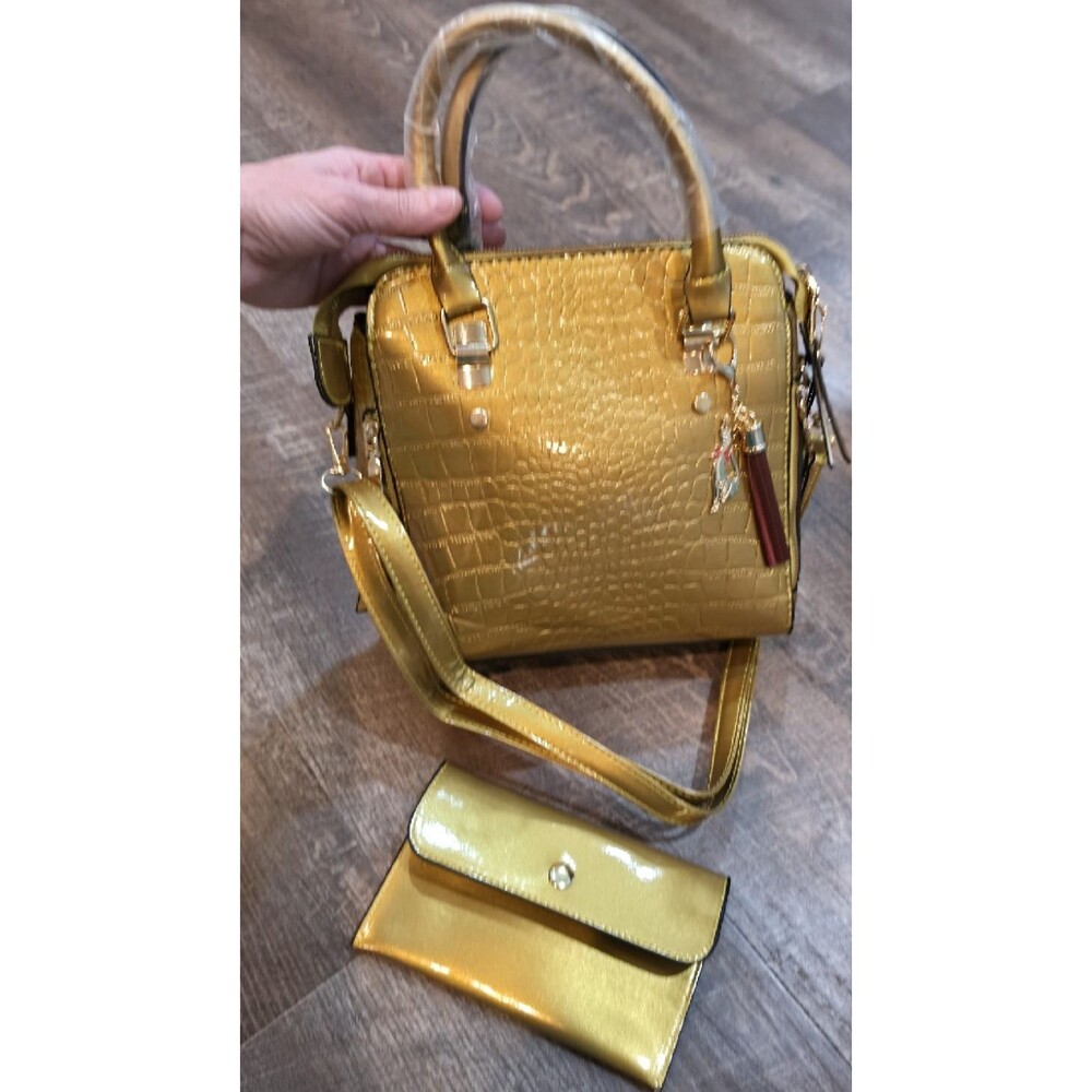 Gold Metallic Croc Embossed Satchel Top Handle Detachable Strap + Wallet